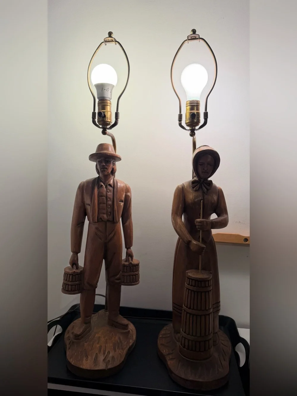 Vintage Americana Pioneer Man & Woman Wood Carved Lamps ( 20” Tall No Shades)